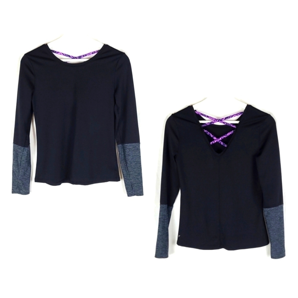 Crisscross Back Longsleeve Sports Workout Tee in Multi, Girls Size 14